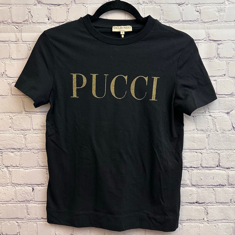 Emilio Pucci Black Graphic Tee Gold Glitter Logo Women's XS Short Sleeve Cotton